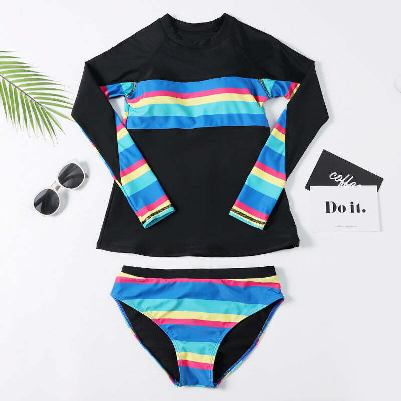 Rainbow Striped Halter Bikini Set for Y2K Fashion Enthusiasts
