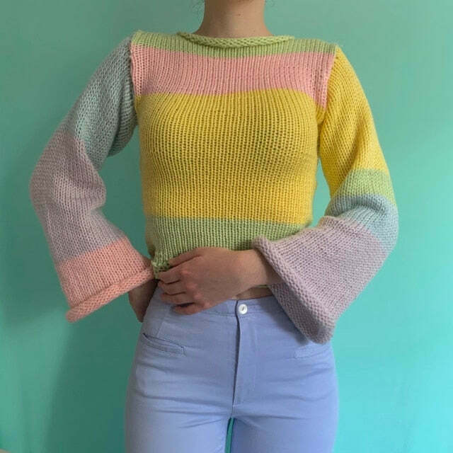 Rainbow Striped Pullover Knit Sweater - Y2K Aesthetic Coquette Style for Women's Fashion