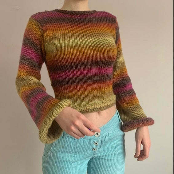 Rainbow Striped Pullover Knit Sweater - Y2K Aesthetic Coquette Style for Women's Fashion