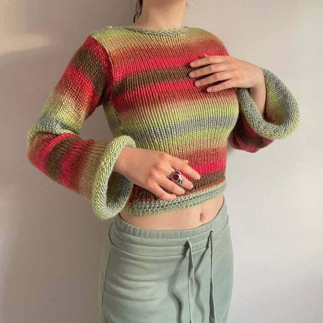 Rainbow Striped Pullover Knit Sweater - Y2K Aesthetic Coquette Style for Women's Fashion