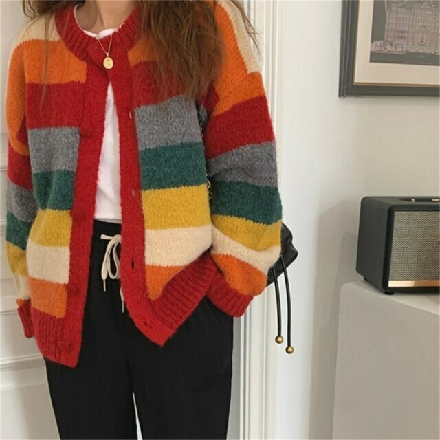 Rainbow Striped Sweater - Y2K Aesthetic Coquette Fashion - Grunge Style Cute Tops & Pastel Goth