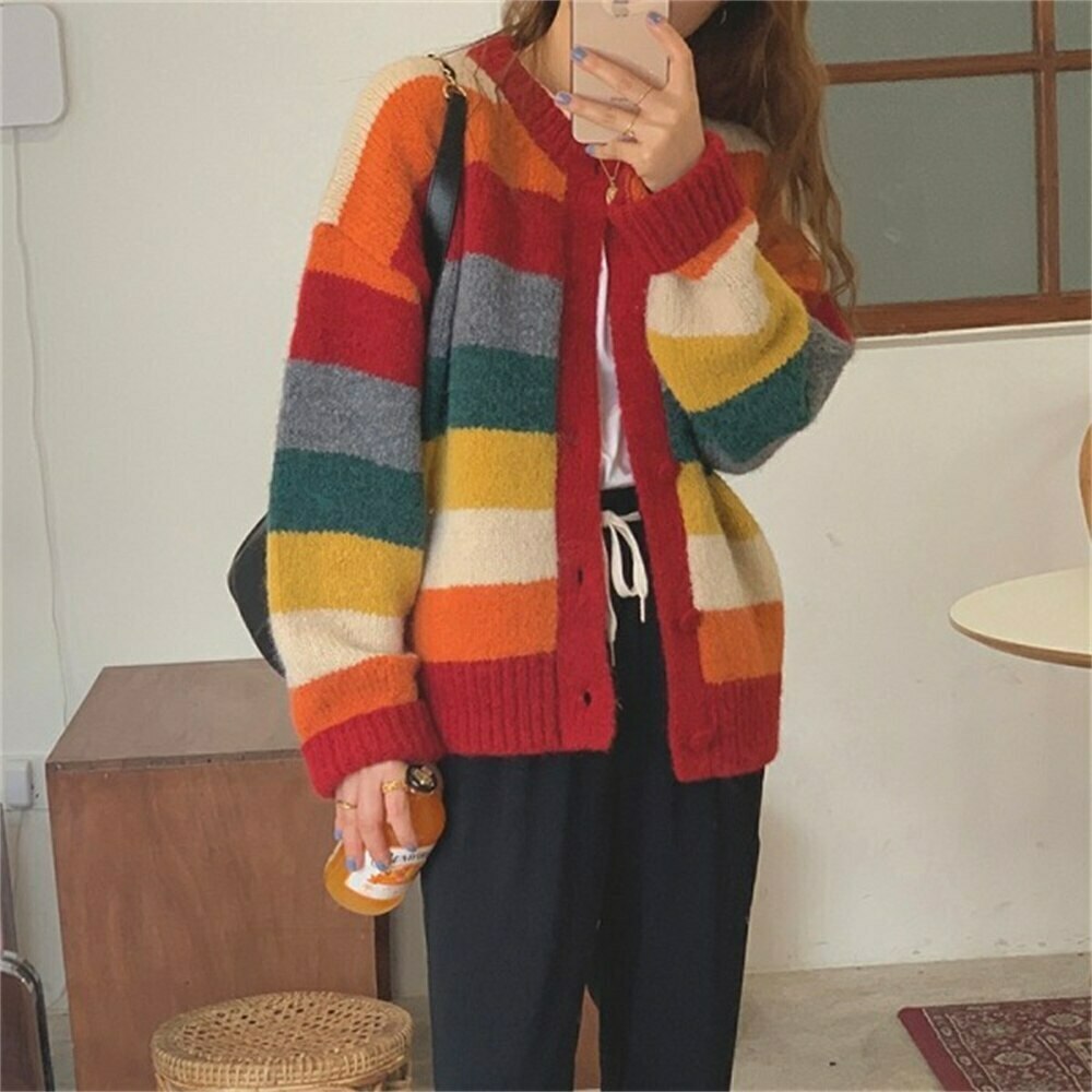 Rainbow Striped Sweater - Y2K Aesthetic Coquette Fashion - Grunge Style Cute Tops & Pastel Goth