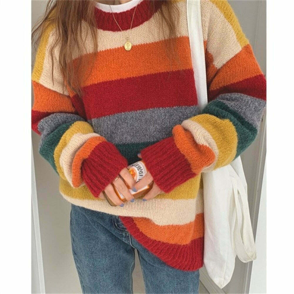 Rainbow Striped Sweater - Y2K Aesthetic Coquette Fashion - Grunge Style Cute Tops & Pastel Goth