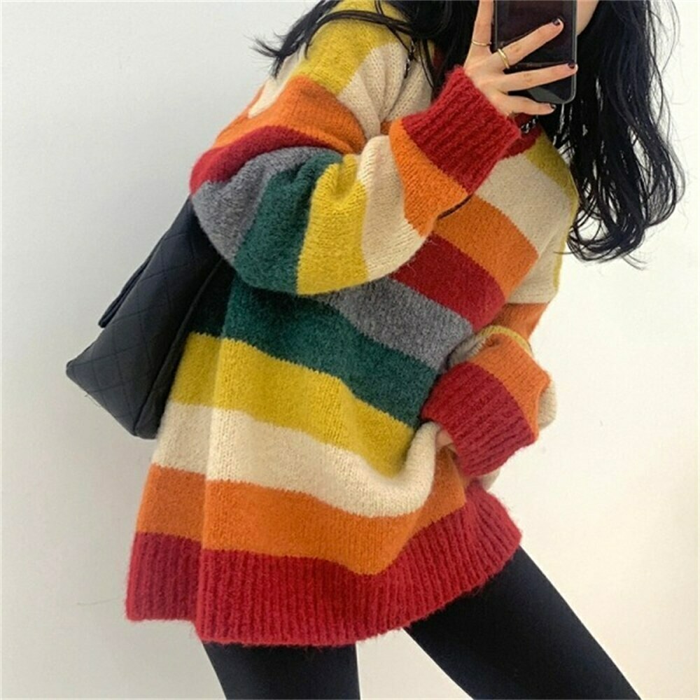 Rainbow Striped Sweater - Y2K Aesthetic Coquette Fashion - Grunge Style Cute Tops & Pastel Goth
