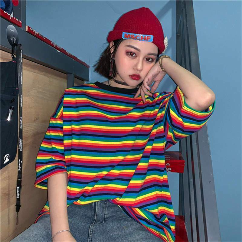 Rainbow Striped T-Shirt for Y2K Fashion - Coquette Aesthetic & Grunge Style