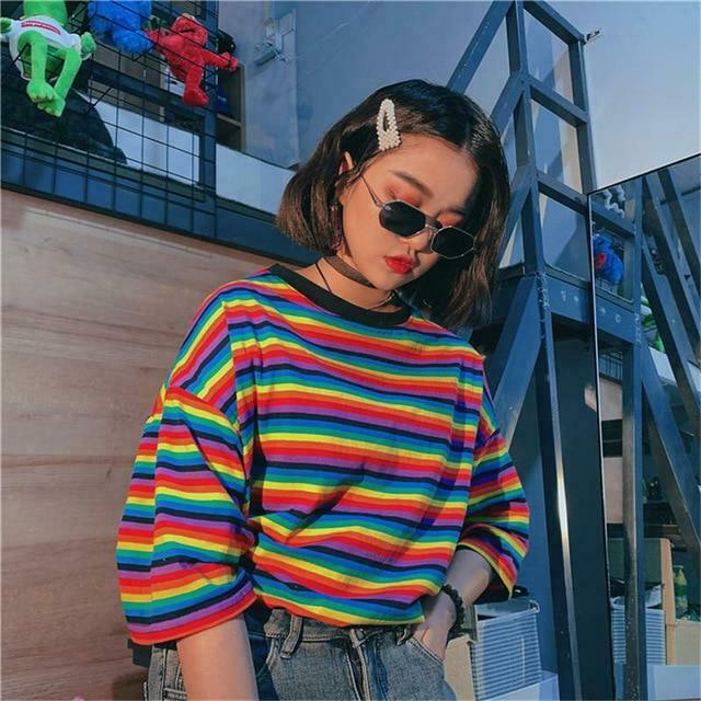 Rainbow Striped T-Shirt for Y2K Fashion - Coquette Aesthetic & Grunge Style