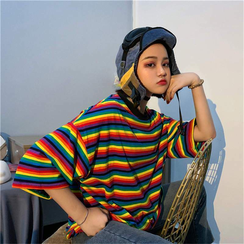 Rainbow Striped T-Shirt for Y2K Fashion - Coquette Aesthetic & Grunge Style
