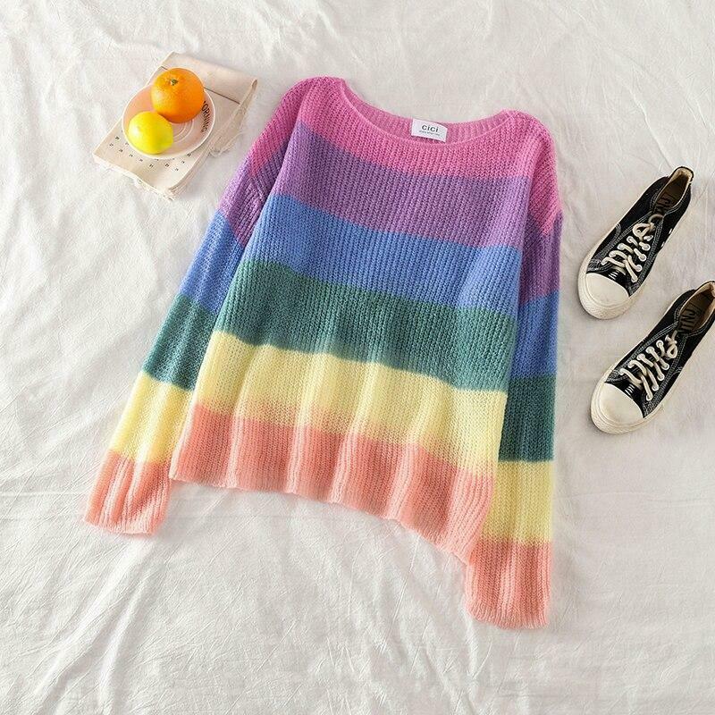 Rainbow Stripes Sweater: Y2K Aesthetic Coquette Style for Women - Grunge, Pastel Goth, and More
