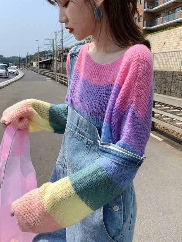 Rainbow Stripes Sweater: Y2K Aesthetic Coquette Style for Women - Grunge, Pastel Goth, and More