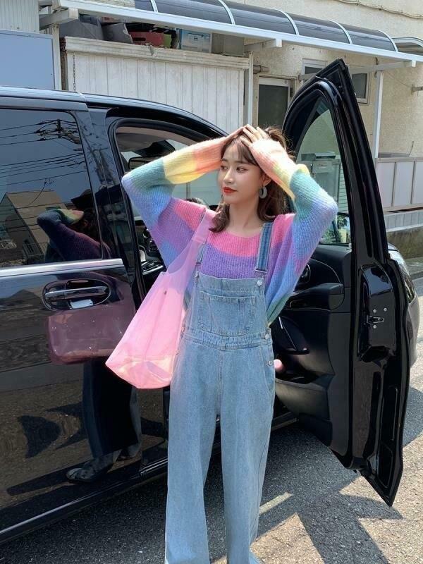 Rainbow Stripes Sweater: Y2K Aesthetic Coquette Style for Women - Grunge, Pastel Goth, and More