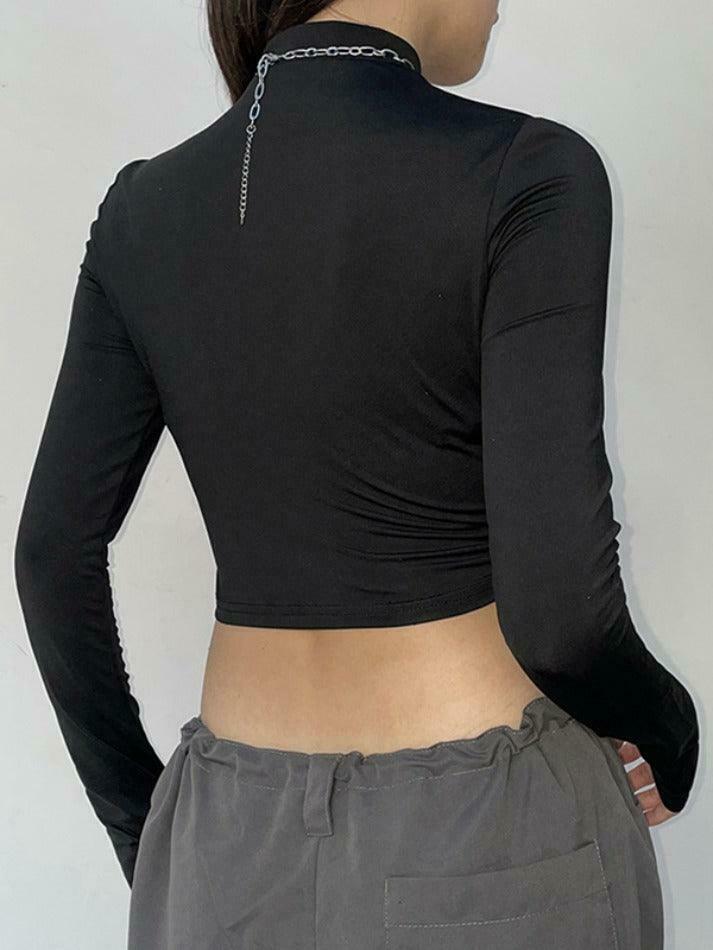 Reflective Cutout Irregular Hem Long Sleeve Tee - Y2K Fashion Aesthetic for Women