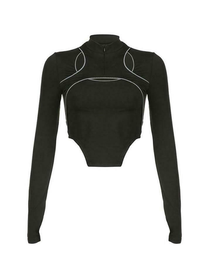Reflective Cutout Irregular Hem Long Sleeve Tee - Y2K Fashion Aesthetic for Women