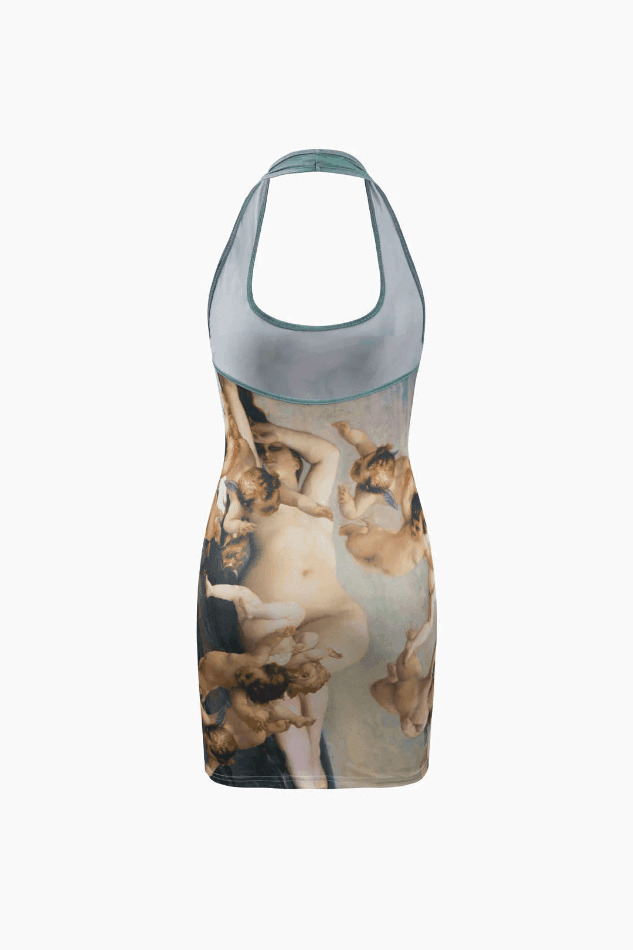 Renaissance Print Halter Bodycon Mini Dress - Vintage Aesthetic Sleeveless Dress