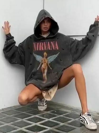 Retro Angel Print Boyfriend Style Hoodie - Y2K Fashion Aesthetic with Coquette and Grunge Vibes