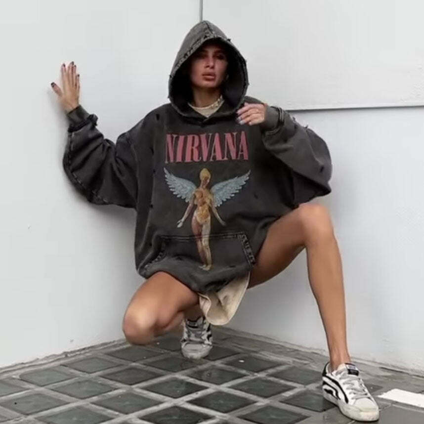 Retro Angel Print Boyfriend Style Hoodie - Y2K Fashion Aesthetic with Coquette and Grunge Vibes