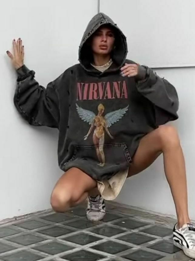 Retro Angel Print Boyfriend Style Hoodie - Y2K Fashion Aesthetic with Coquette and Grunge Vibes