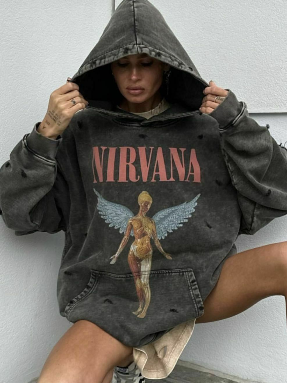 Retro Angel Print Boyfriend Style Hoodie - Y2K Fashion Aesthetic with Coquette and Grunge Vibes