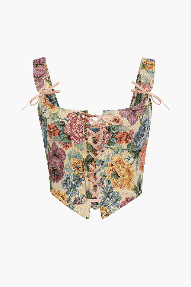 Retro Floral Corset Top with Tie-On Front - Y2K Fashion Aesthetic for Women
