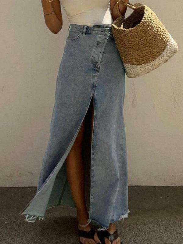 Retro High Waist Slit Denim Skirt for Y2K Fashion Enthusiasts