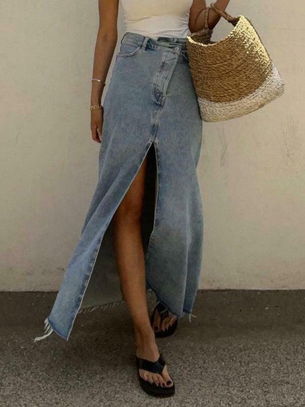 Retro High Waist Slit Denim Skirt for Y2K Fashion Enthusiasts