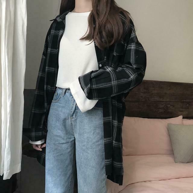 Retro Plaid Shirt - Y2K Fashion Coquette Aesthetic Grunge Style Cute Tops Pastel Goth Cargo Skirt