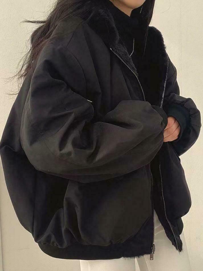 Reversible Oversize Fleece Hooded Jacket - Y2K Fashion Coquette Aesthetic Gr