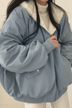 Reversible Oversize Fleece Hooded Jacket - Y2K Fashion Coquette Aesthetic Gr