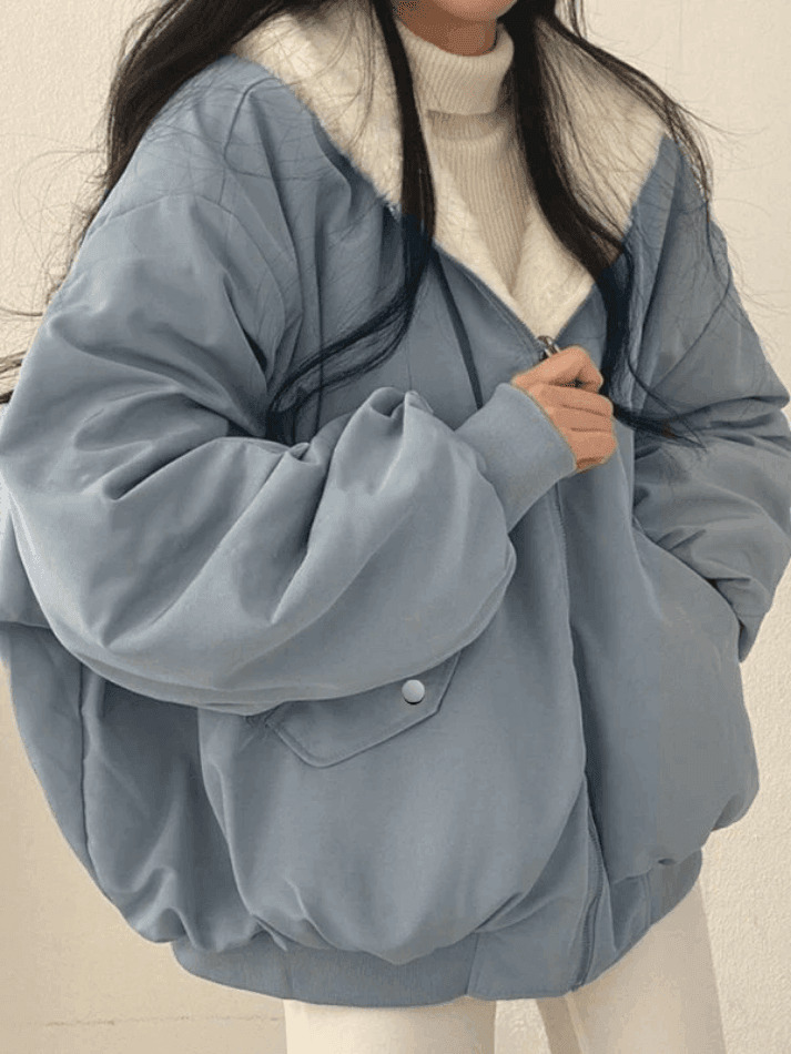 Reversible Oversize Fleece Hooded Jacket - Y2K Fashion Coquette Aesthetic Gr