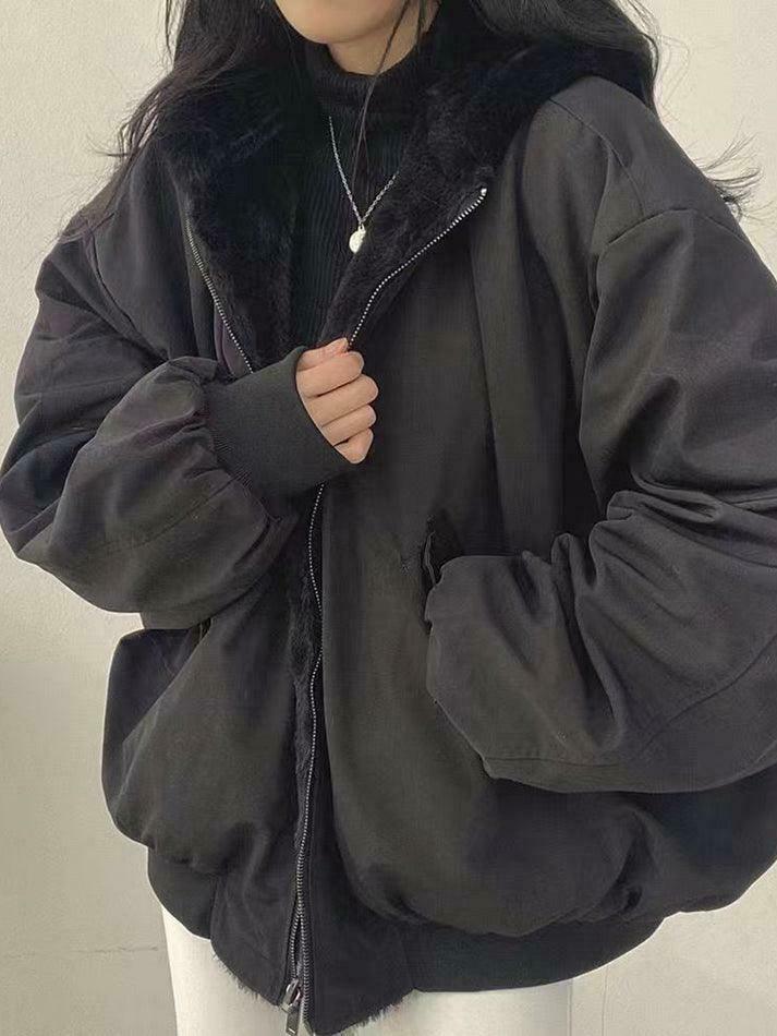 Reversible Oversize Fleece Hooded Jacket - Y2K Fashion Coquette Aesthetic Gr