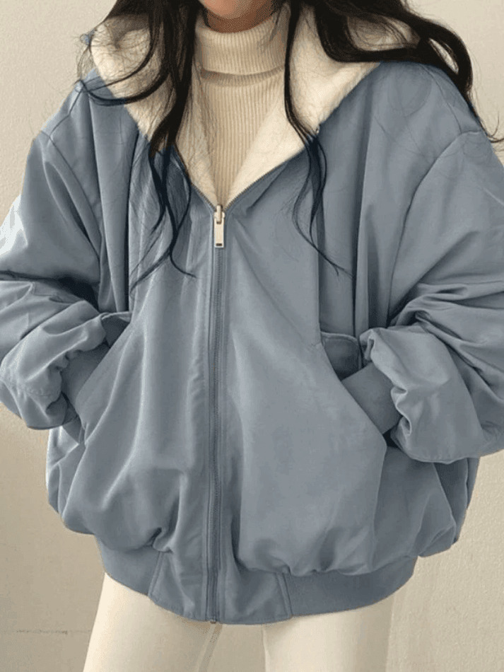 Reversible Oversize Fleece Hooded Jacket - Y2K Fashion Coquette Aesthetic Gr