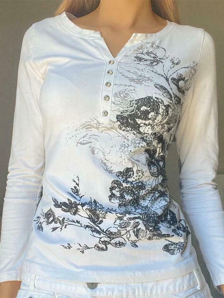 Rhinestone Floral Print Long Sleeve Tee - Y2K Fashion Aesthetic with Coquette Style and Grunge Vibes