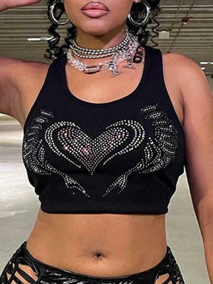 Rhinestone Heart Crop Tank: Y2K Fashion with Coquette Aesthetic, Grunge Style, and Pastel Goth Vibes
