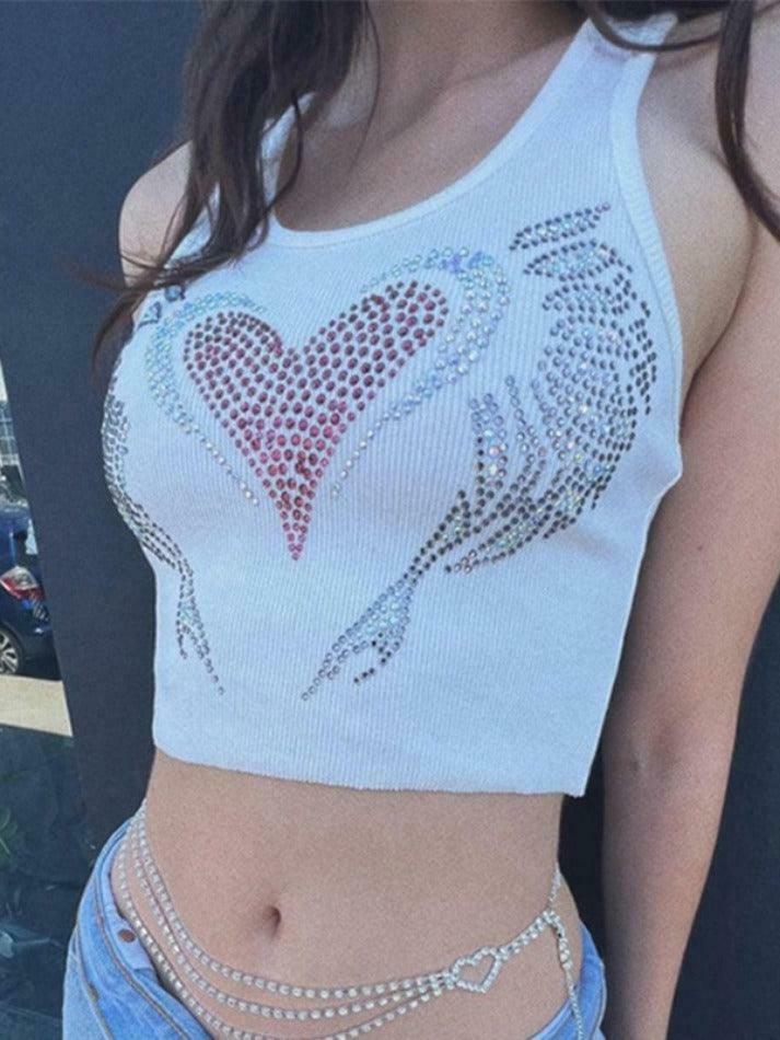 Rhinestone Heart Crop Tank: Y2K Fashion with Coquette Aesthetic, Grunge Style, and Pastel Goth Vibes