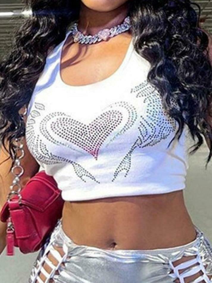 Rhinestone Heart Crop Tank: Y2K Fashion with Coquette Aesthetic, Grunge Style, and Pastel Goth Vibes