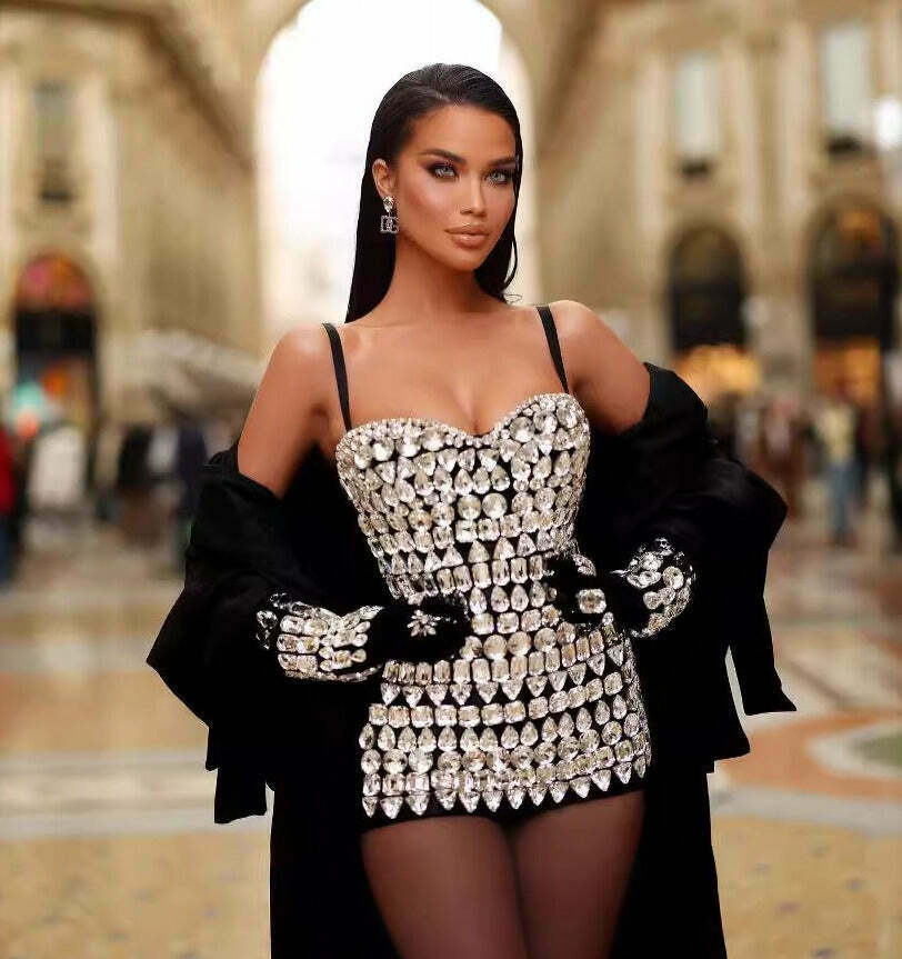 Rhinestone Low-Cut Suspender Dress - Y2K Fashion Statement with Coquette Aesthetic and Grunge Style