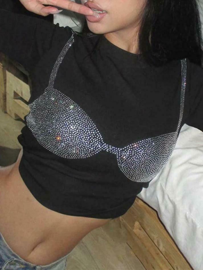 Rhinestone Print Long Sleeve Tee with Bikini Pattern - Y2K Fashion Aesthetic for Women