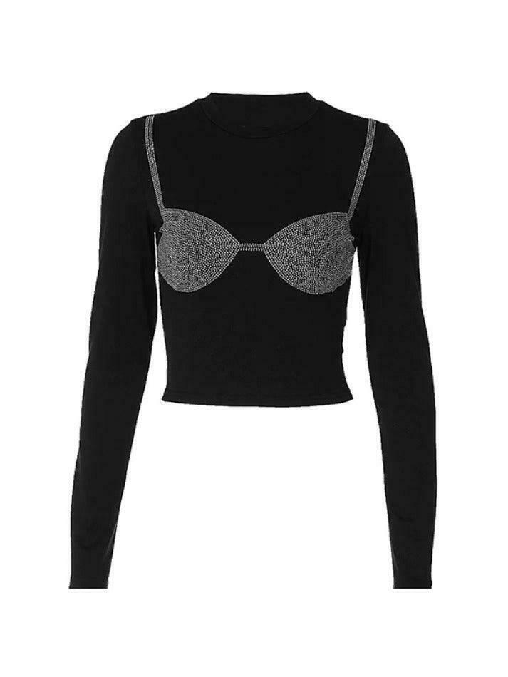Rhinestone Print Long Sleeve Tee with Bikini Pattern - Y2K Fashion Aesthetic for Women