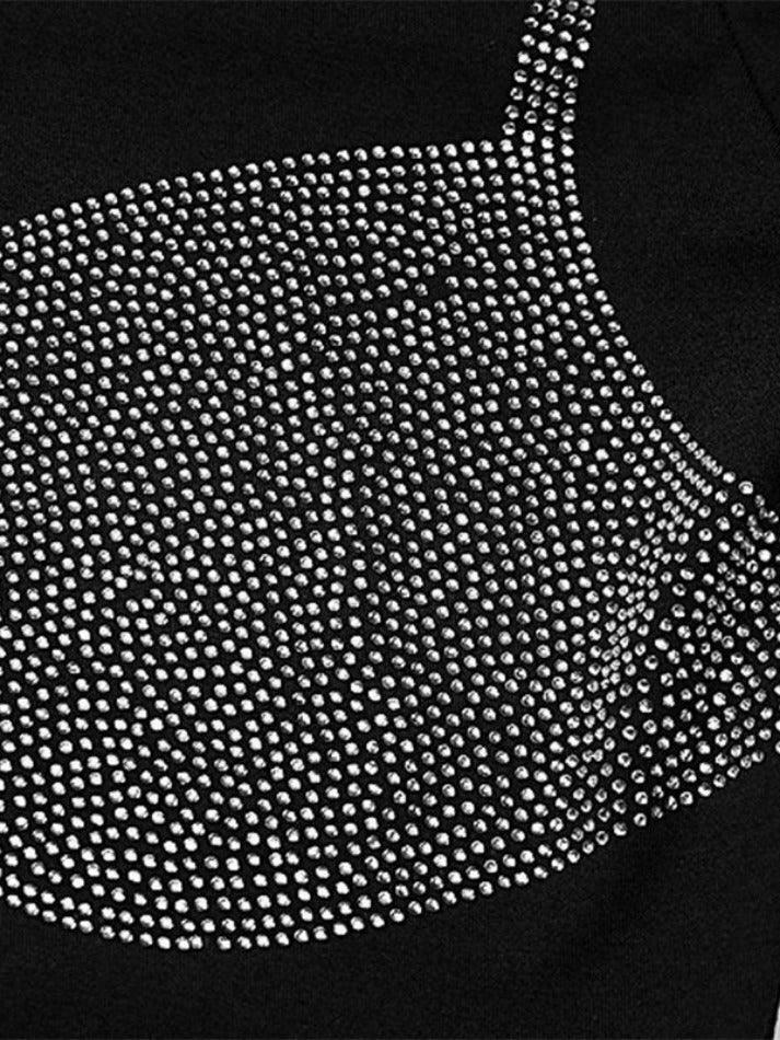 Rhinestone Print Long Sleeve Tee with Bikini Pattern - Y2K Fashion Aesthetic for Women