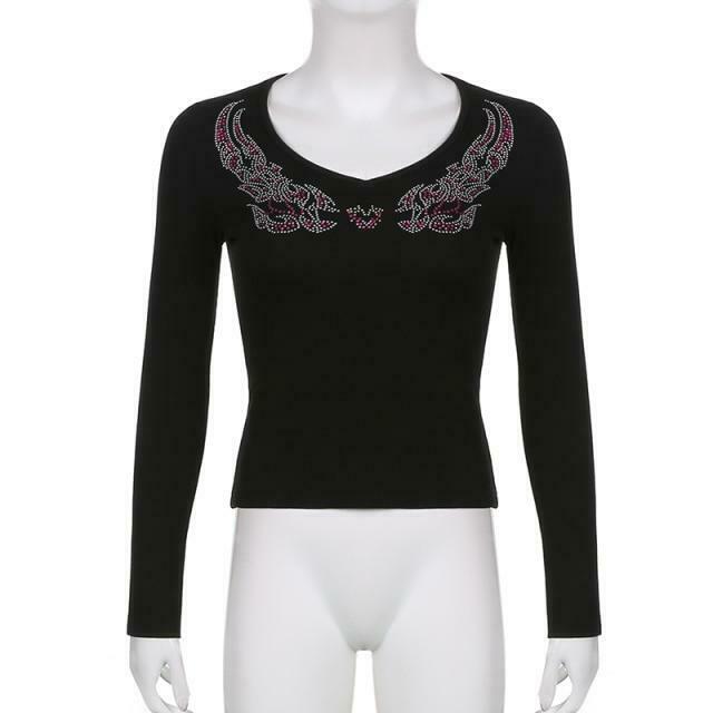 Rhinestone Ribbed V-Neck Long Sleeve - Y2K Fashion Aesthetic Top for Women