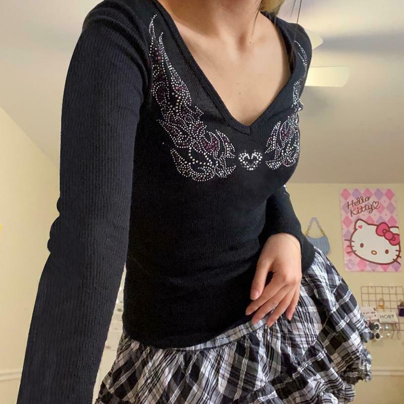 Rhinestone Ribbed V-Neck Long Sleeve - Y2K Fashion Aesthetic Top for Women