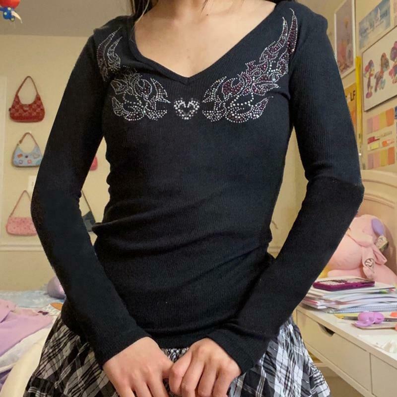 Rhinestone Ribbed V-Neck Long Sleeve - Y2K Fashion Aesthetic Top for Women