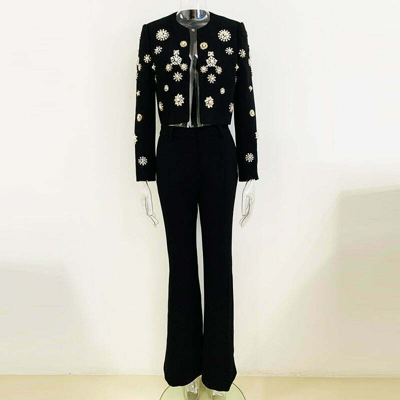 Rhinestone Short Jacket Suit for Women - Y2K Fashion Statement with Coquette Aesthetic