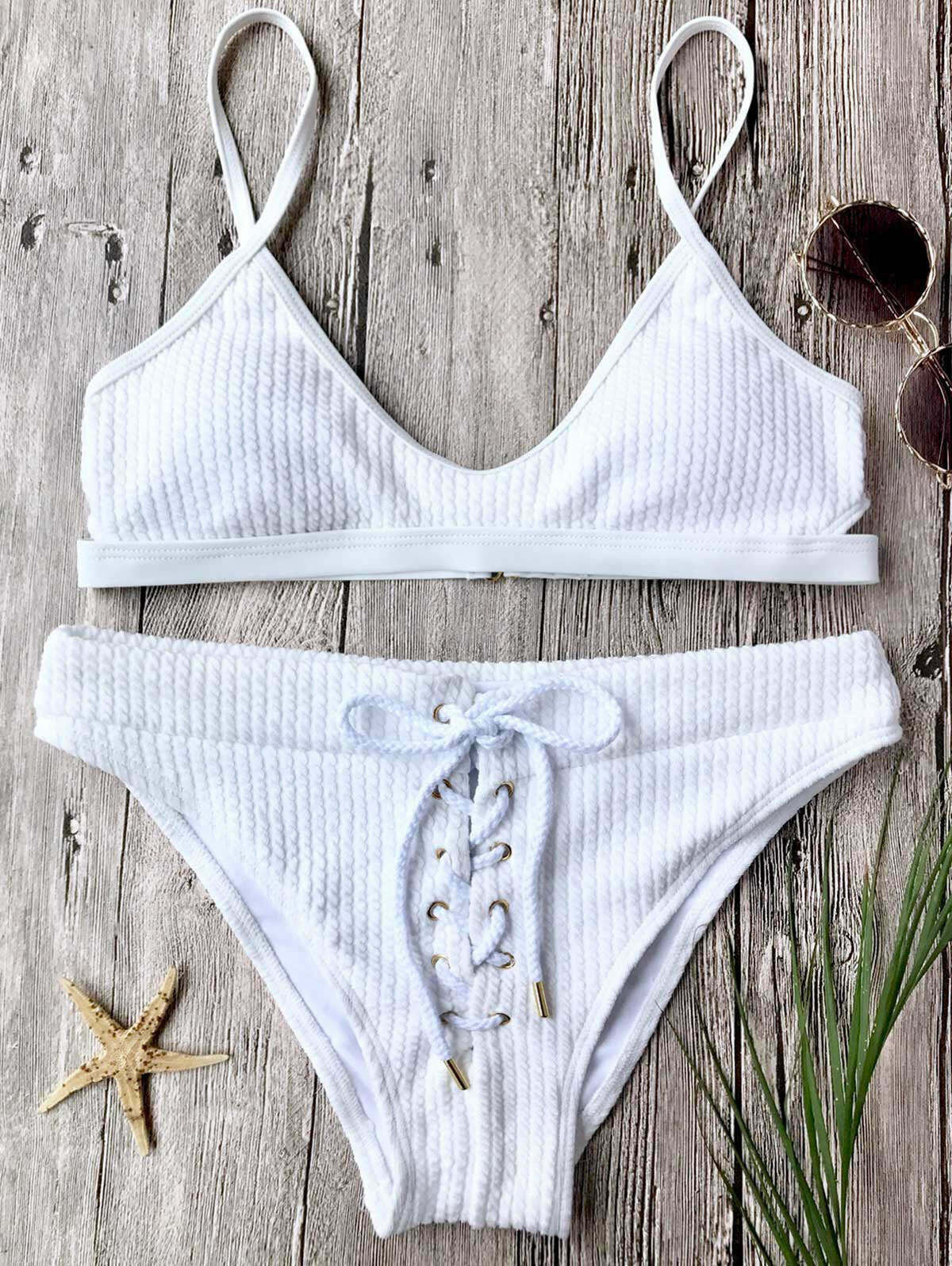 Ribbed Lace Up Bralette Bikini Set - Y2K Fashion Swimwear for Coquette Aesthetic Lovers