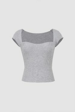 Ribbed Square Neck Short Sleeve T-Shirt - Y2K Coquette Grunge Aesthetic Cute Tops Pastel Goth