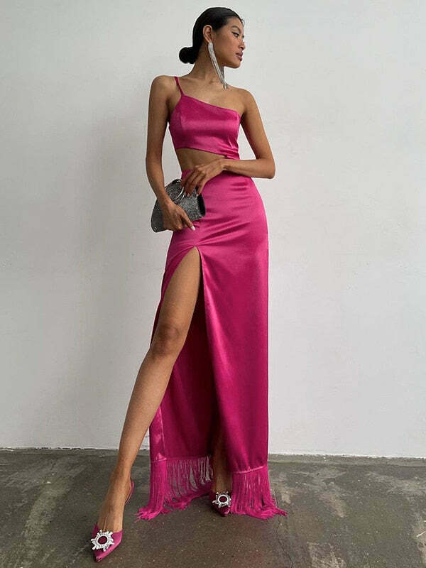 Rosette Tassels High Slit Dress - Y2K Fashion Statement with Coquette Aesthetic and Grunge Style