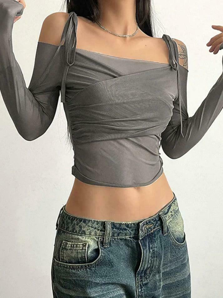 Ruched Lace Up Crop Tee: Y2K Aesthetic Long Sleeve Top for Women's Fashion