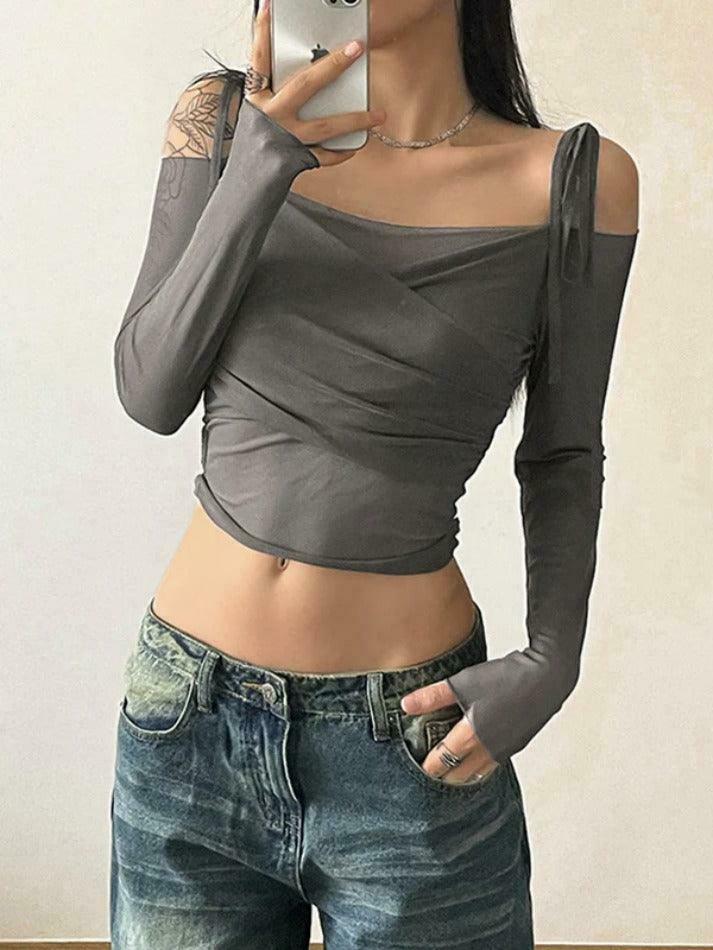 Ruched Lace Up Crop Tee: Y2K Aesthetic Long Sleeve Top for Women's Fashion