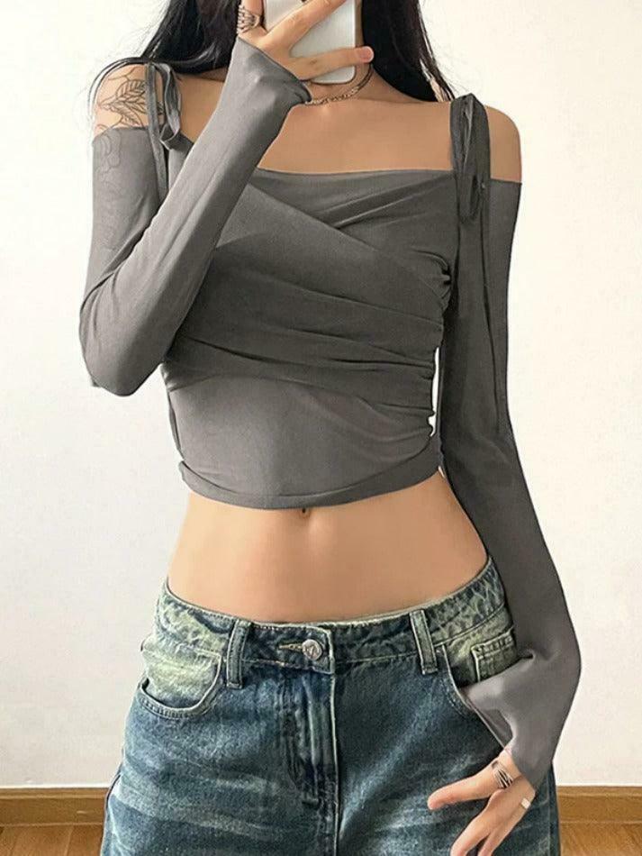Ruched Lace Up Crop Tee: Y2K Aesthetic Long Sleeve Top for Women's Fashion