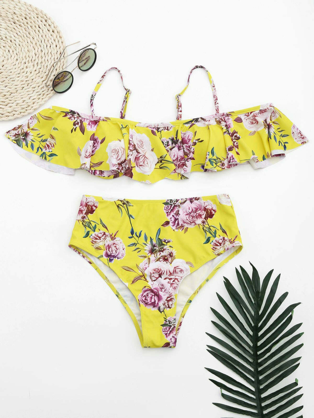 Ruffled Floral Off-Shoulder High-Waisted Bikini for Y2K Fashion Enthusiasts