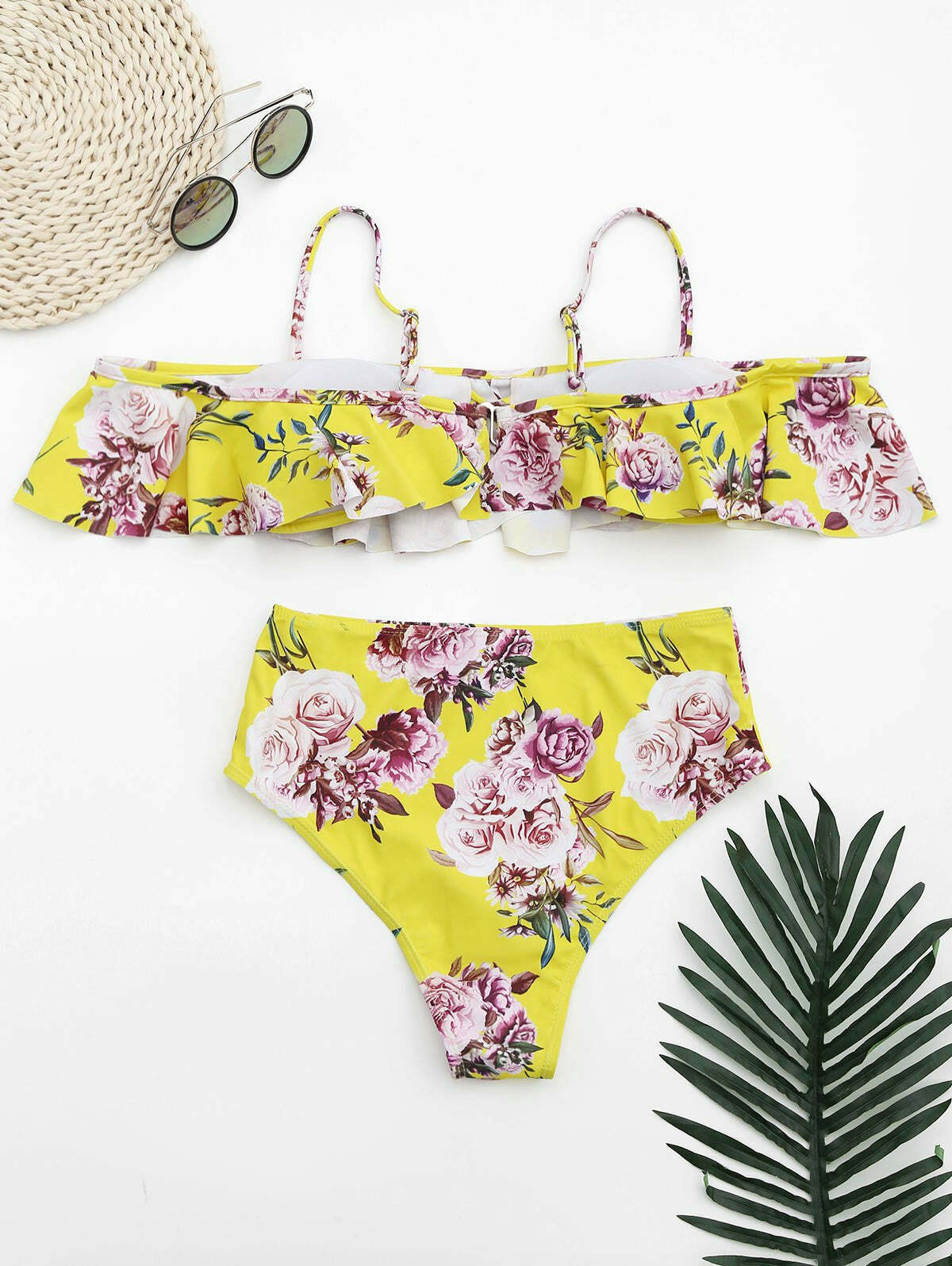 Ruffled Floral Off-Shoulder High-Waisted Bikini for Y2K Fashion Enthusiasts